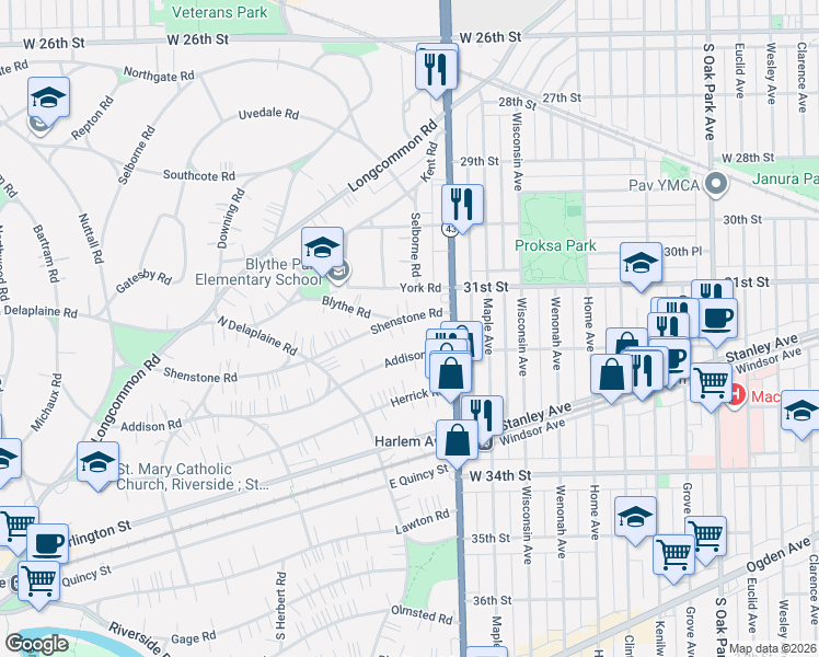 map of restaurants, bars, coffee shops, grocery stores, and more near 436 Shenstone Road in Riverside