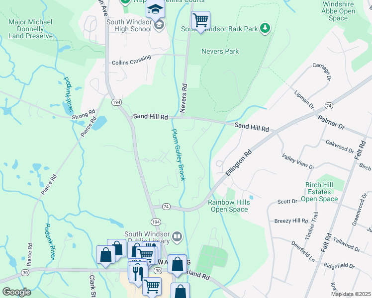 map of restaurants, bars, coffee shops, grocery stores, and more near 606 Sandstone Drive in South Windsor