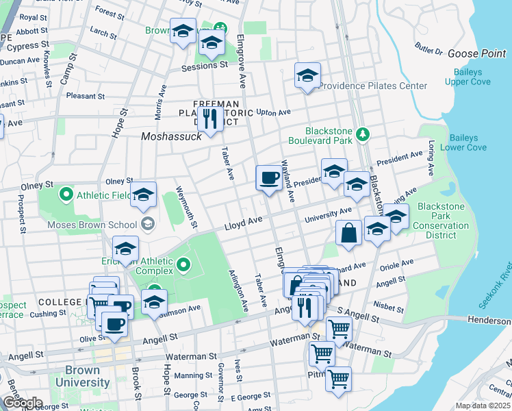 map of restaurants, bars, coffee shops, grocery stores, and more near 155 Elmgrove Avenue in Providence