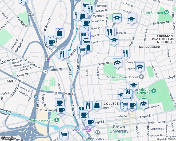 map of restaurants, bars, coffee shops, grocery stores, and more near 10 Pratt Street in Providence
