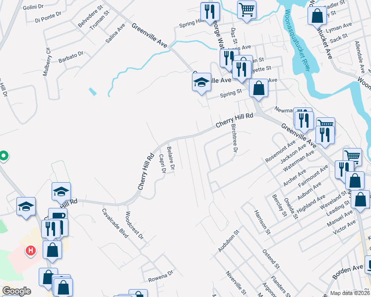map of restaurants, bars, coffee shops, grocery stores, and more near 3 Columbus Avenue in Johnston
