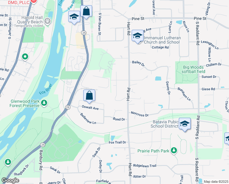 map of restaurants, bars, coffee shops, grocery stores, and more near 2S392 Meadow Drive in Batavia