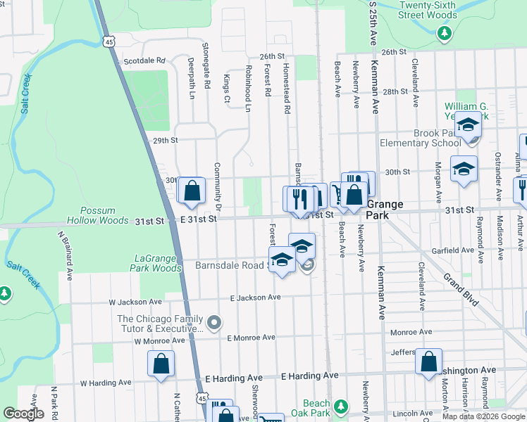 map of restaurants, bars, coffee shops, grocery stores, and more near 509 East 31st Street in La Grange Park