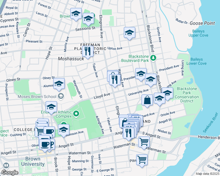 map of restaurants, bars, coffee shops, grocery stores, and more near 155 Elmgrove Avenue in Providence