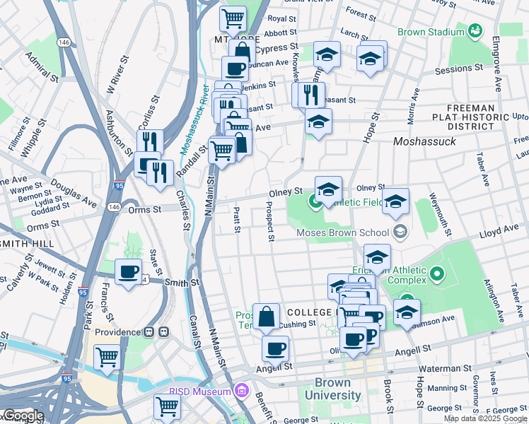map of restaurants, bars, coffee shops, grocery stores, and more near 42 Hidden Street in Providence