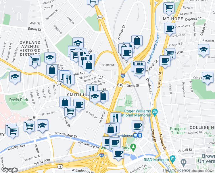 map of restaurants, bars, coffee shops, grocery stores, and more near 12 Goddard Street in Providence