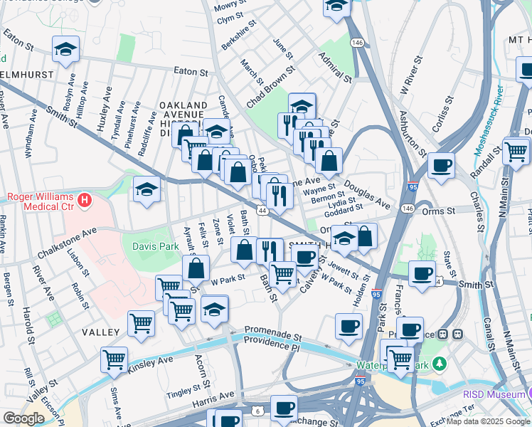 map of restaurants, bars, coffee shops, grocery stores, and more near 52 Nolan Street in Providence