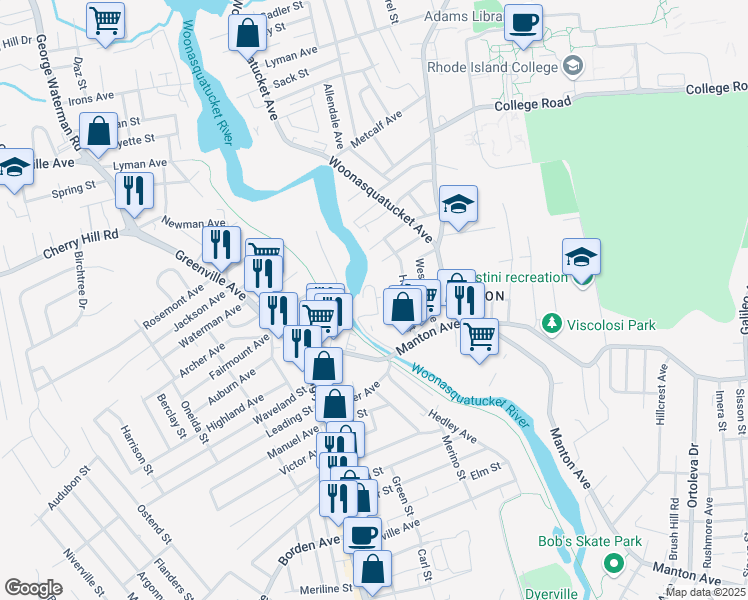 map of restaurants, bars, coffee shops, grocery stores, and more near 31 Devereux Avenue in Providence