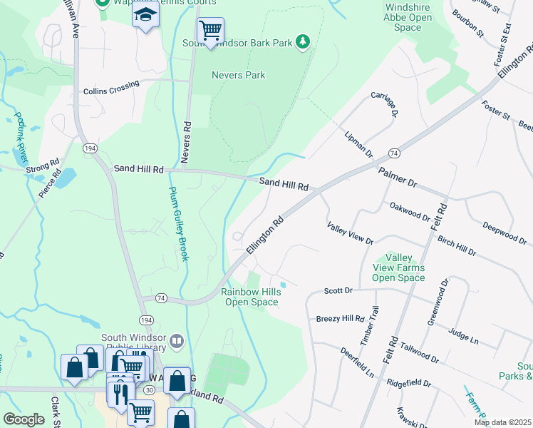 map of restaurants, bars, coffee shops, grocery stores, and more near 1508 Summer Hill Drive in South Windsor