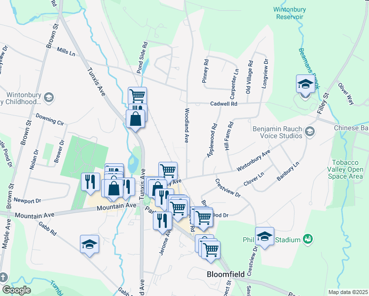 map of restaurants, bars, coffee shops, grocery stores, and more near 14 Woodland Avenue in Bloomfield
