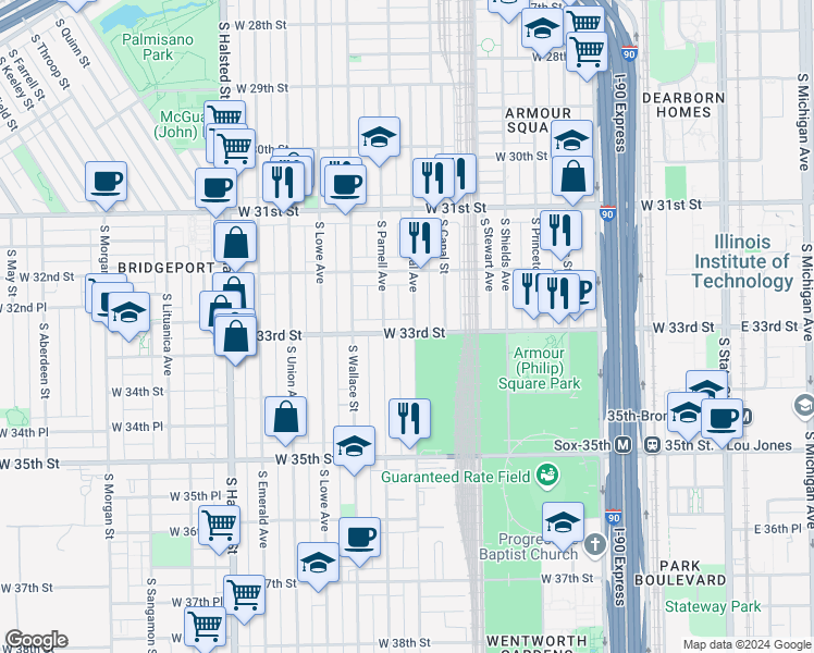map of restaurants, bars, coffee shops, grocery stores, and more near 3242 South Normal Avenue in Chicago