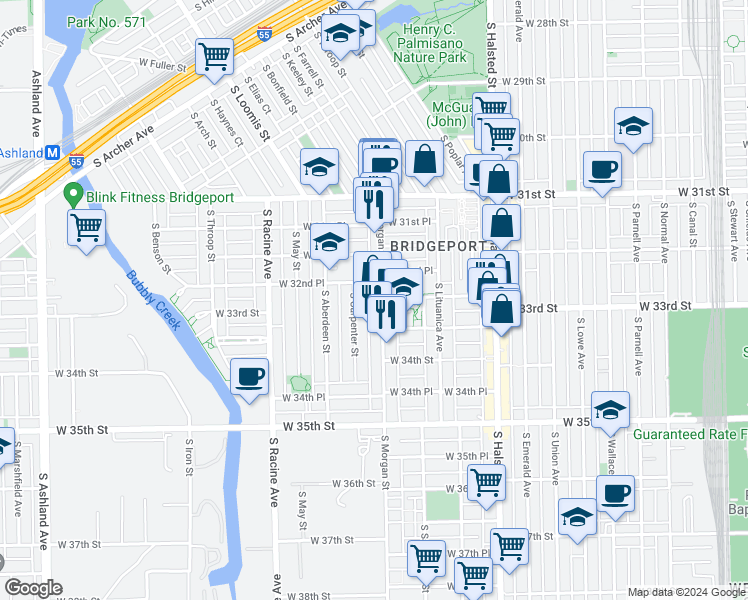 map of restaurants, bars, coffee shops, grocery stores, and more near 3245 South Morgan Street in Chicago