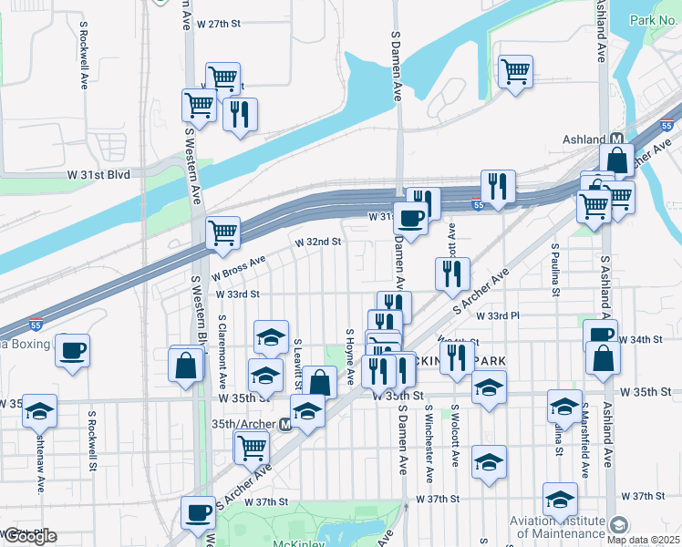 map of restaurants, bars, coffee shops, grocery stores, and more near 3230 South Hoyne Avenue in Chicago