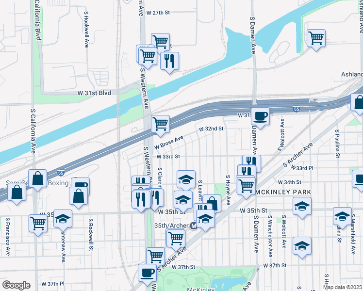 map of restaurants, bars, coffee shops, grocery stores, and more near 3231 South Oakley Avenue in Chicago