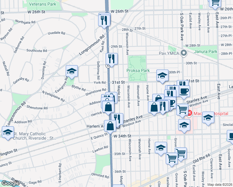 map of restaurants, bars, coffee shops, grocery stores, and more near 3119 South Harlem Avenue in Berwyn