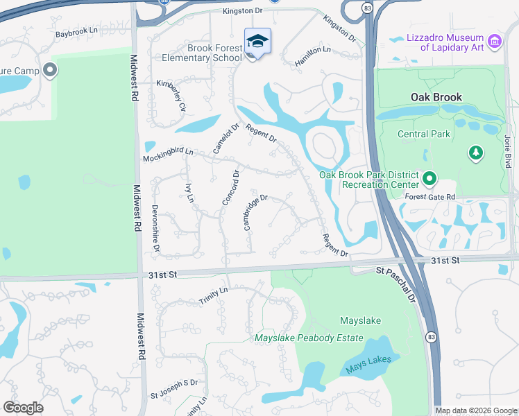 map of restaurants, bars, coffee shops, grocery stores, and more near 28 Cambridge Drive in Oak Brook