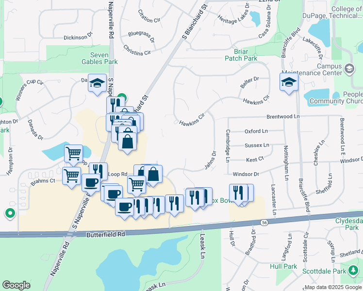 map of restaurants, bars, coffee shops, grocery stores, and more near 41 Kensington Circle in Wheaton