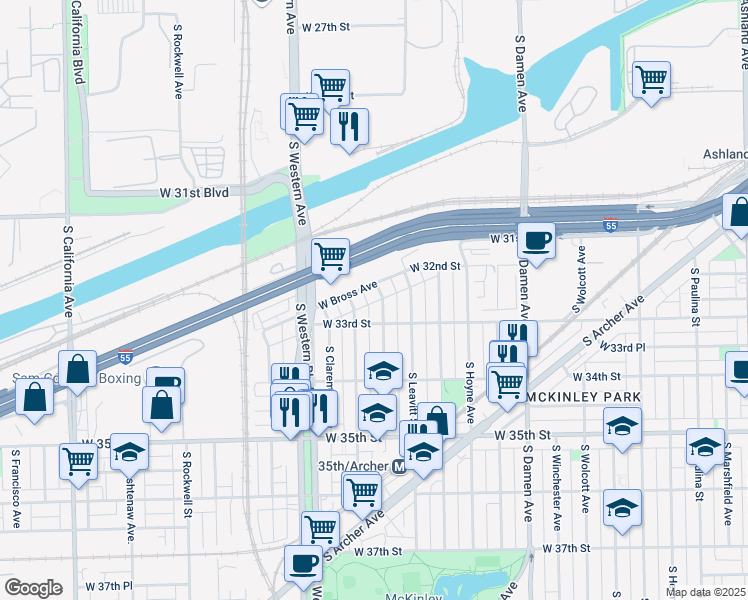 map of restaurants, bars, coffee shops, grocery stores, and more near 3231 South Oakley Avenue in Chicago