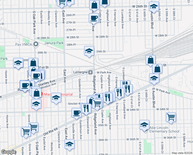 map of restaurants, bars, coffee shops, grocery stores, and more near in Berwyn
