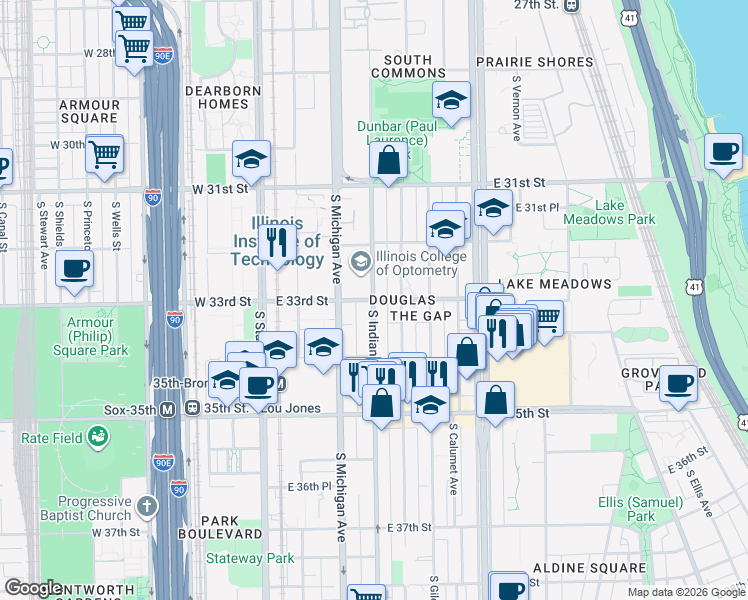 map of restaurants, bars, coffee shops, grocery stores, and more near S Indiana Ave & E 33rd Blvd in Chicago