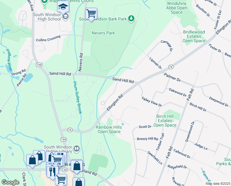 map of restaurants, bars, coffee shops, grocery stores, and more near 1508 Summer Hill Drive in South Windsor