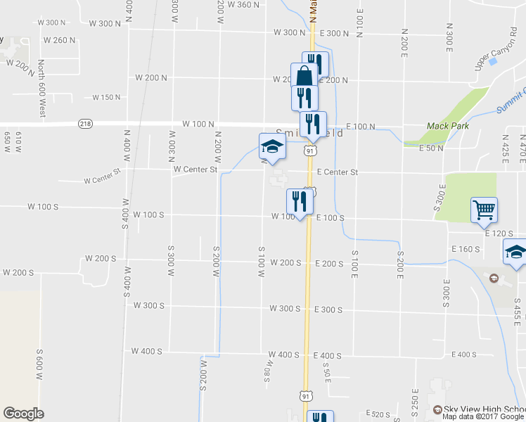 map of restaurants, bars, coffee shops, grocery stores, and more near 88 South 100 West in Smithfield