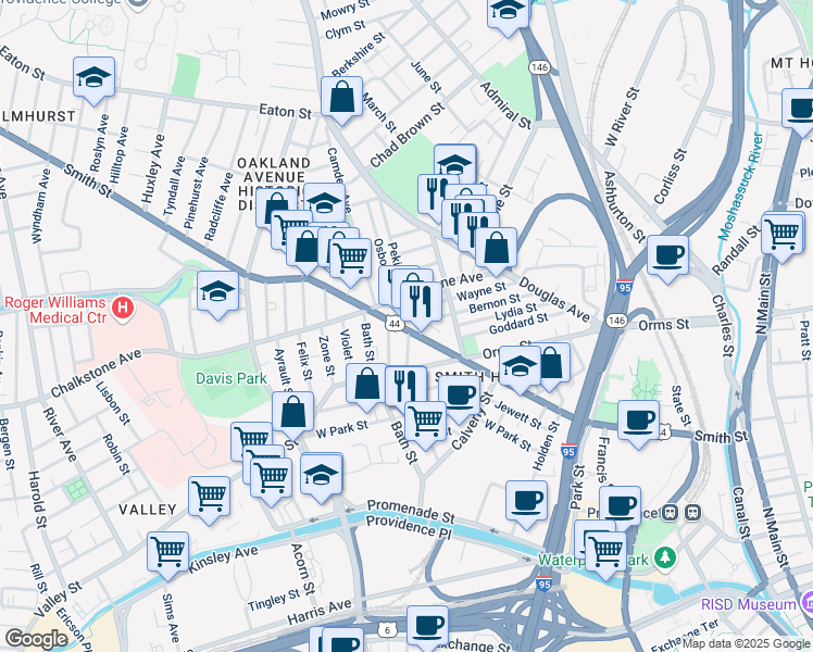 map of restaurants, bars, coffee shops, grocery stores, and more near 52 Nolan Street in Providence