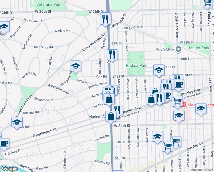 map of restaurants, bars, coffee shops, grocery stores, and more near 486 Shenstone Road in Riverside