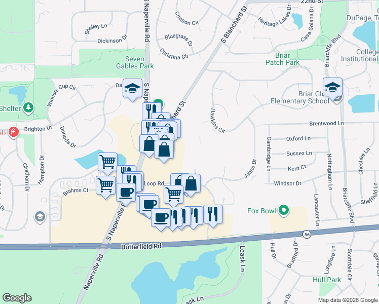 map of restaurants, bars, coffee shops, grocery stores, and more near 32 Sterling Circle in Wheaton