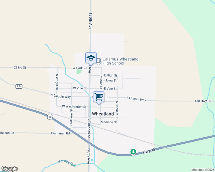 map of restaurants, bars, coffee shops, grocery stores, and more near 211 Iowa Street in Wheatland