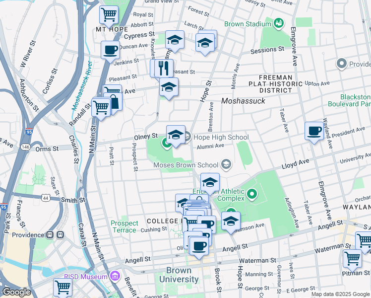 map of restaurants, bars, coffee shops, grocery stores, and more near 324 Hope Street in Providence