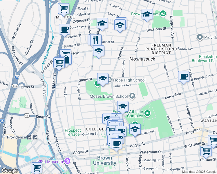 map of restaurants, bars, coffee shops, grocery stores, and more near 324 Hope Street in Providence