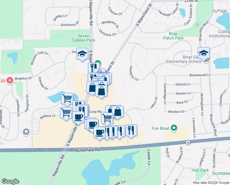 map of restaurants, bars, coffee shops, grocery stores, and more near 32 Sterling Circle in Wheaton