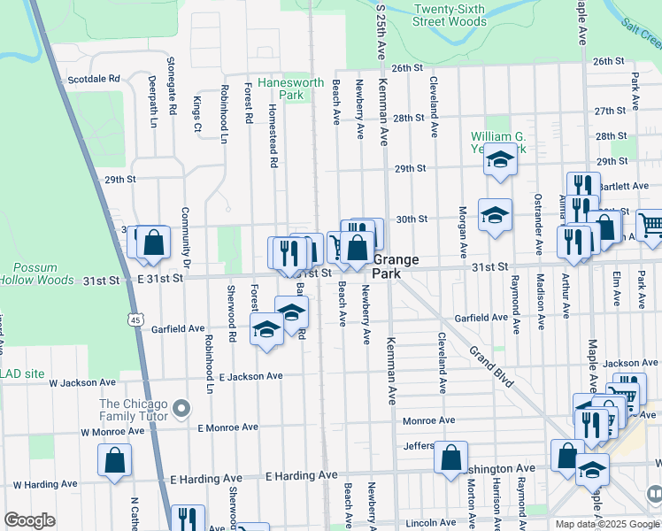 map of restaurants, bars, coffee shops, grocery stores, and more near 1112 Beach Avenue in La Grange Park