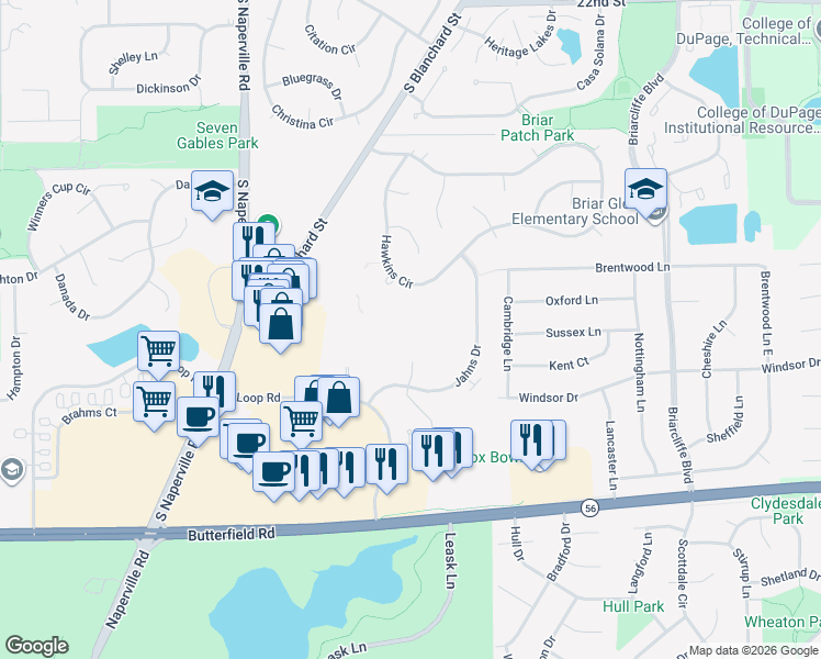 map of restaurants, bars, coffee shops, grocery stores, and more near 45 Kensington Circle in Wheaton