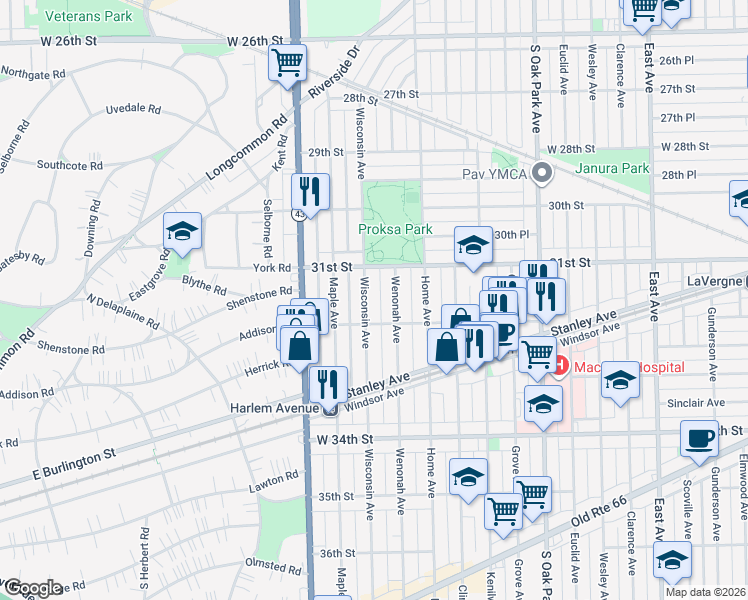 map of restaurants, bars, coffee shops, grocery stores, and more near 3131 Wisconsin Avenue in Berwyn