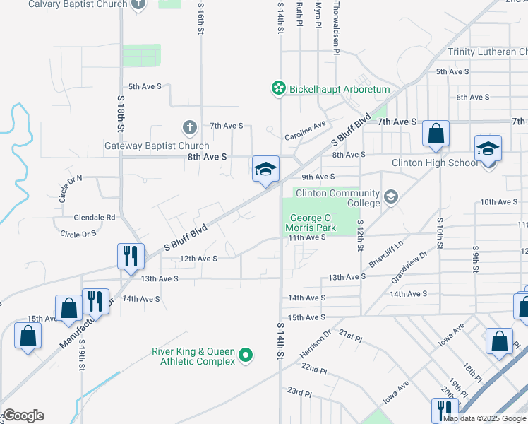 map of restaurants, bars, coffee shops, grocery stores, and more near 1421 South Bluff Boulevard in Clinton