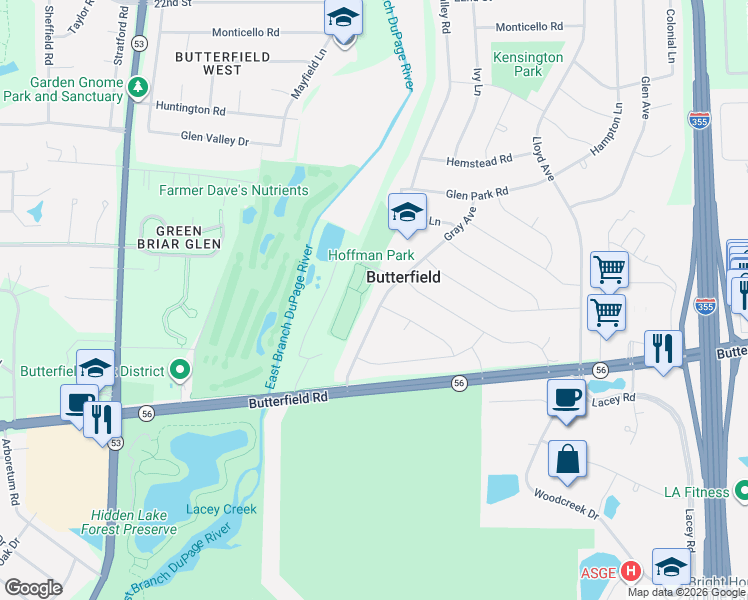 map of restaurants, bars, coffee shops, grocery stores, and more near 2S550 Gray Avenue in Lombard