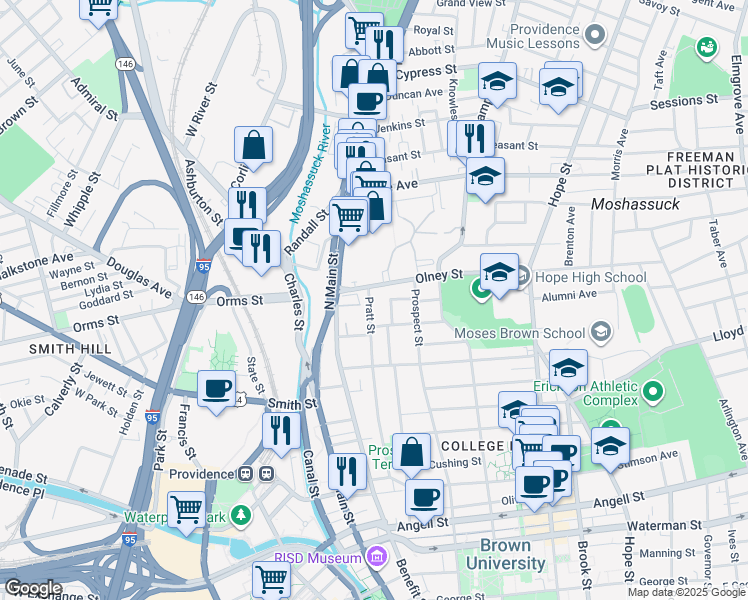map of restaurants, bars, coffee shops, grocery stores, and more near 8 Hidden Street in Providence