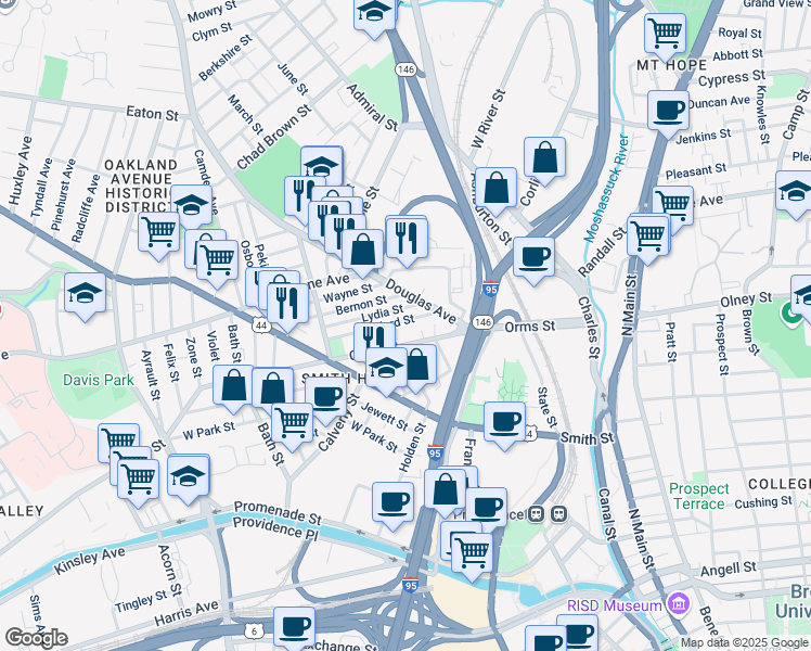 map of restaurants, bars, coffee shops, grocery stores, and more near 41 Goddard Street in Providence
