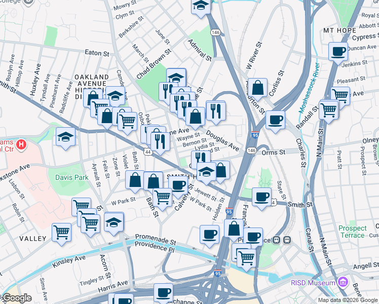 map of restaurants, bars, coffee shops, grocery stores, and more near 82 Lydia Street in Providence