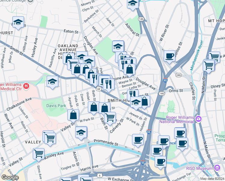 map of restaurants, bars, coffee shops, grocery stores, and more near 28 Candace Street in Providence