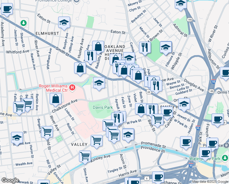map of restaurants, bars, coffee shops, grocery stores, and more near 37 Richter Street in Providence
