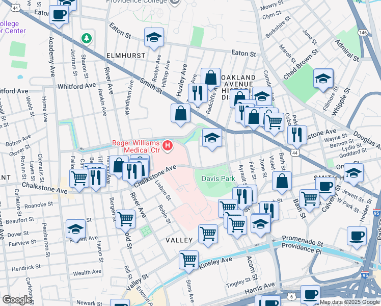 map of restaurants, bars, coffee shops, grocery stores, and more near 46 Garfield Avenue in Providence