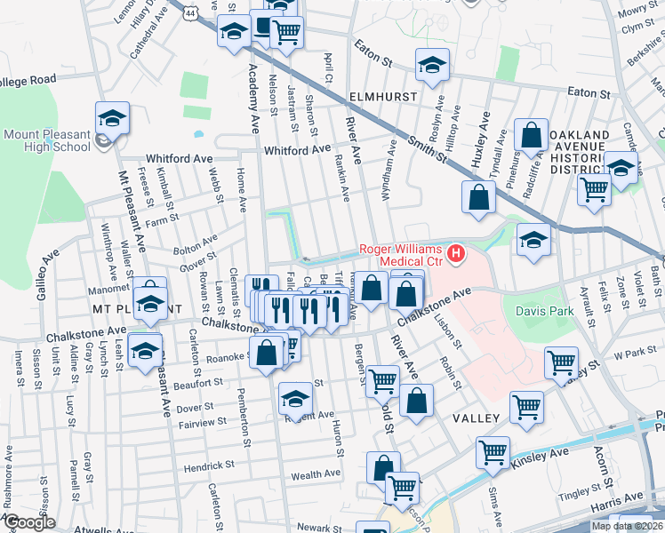 map of restaurants, bars, coffee shops, grocery stores, and more near 579 Pleasant Valley Parkway in Providence
