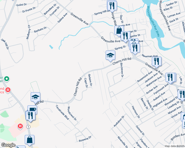 map of restaurants, bars, coffee shops, grocery stores, and more near 3 Columbus Avenue in Johnston