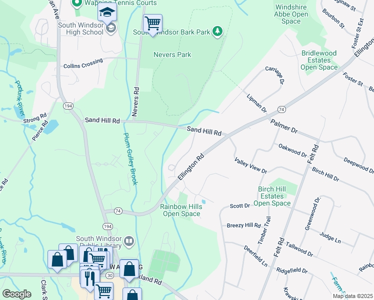 map of restaurants, bars, coffee shops, grocery stores, and more near 1508 Summer Hill Drive in South Windsor
