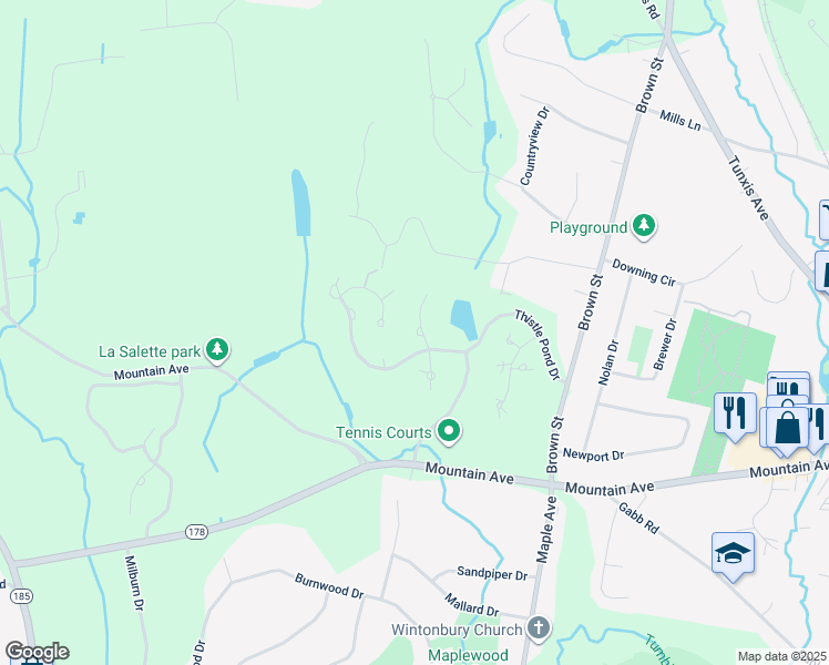 map of restaurants, bars, coffee shops, grocery stores, and more near 125 Thistle Pond Drive in Bloomfield