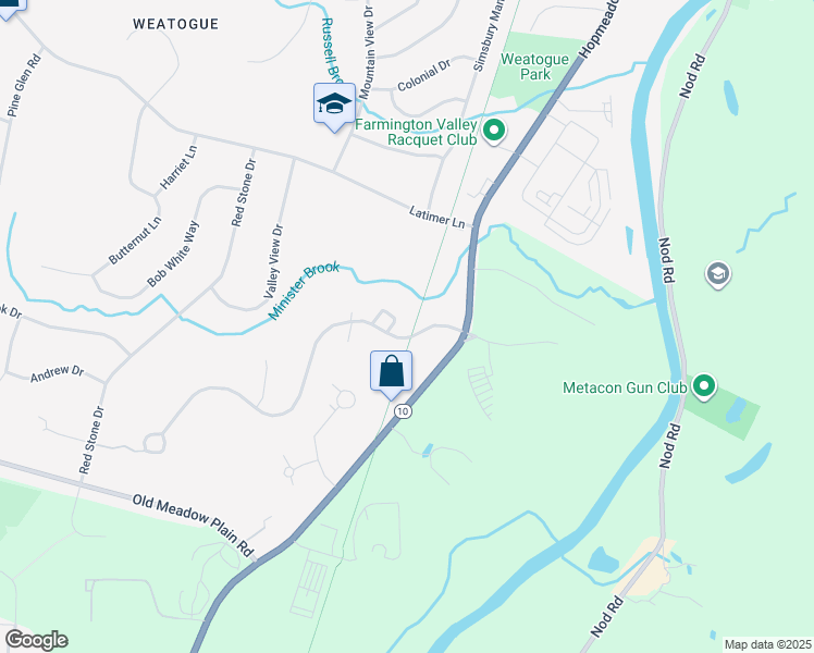 map of restaurants, bars, coffee shops, grocery stores, and more near Old Canal Way in Simsbury