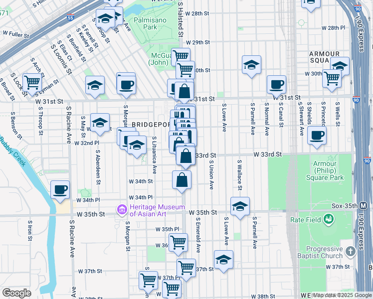 map of restaurants, bars, coffee shops, grocery stores, and more near 3252 South Halsted Street in Chicago